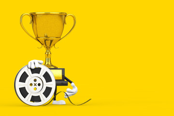 Obraz premium Golden Award Winner Trophy Mascot Person Character with Film Reel Cinema Tape. 3d Rendering