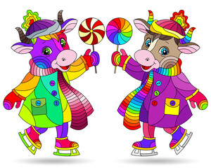 Naklejka premium A set of illustrations in the stained glass style with abstract cartoon bulls on a ice skating, animals isolated on a white background