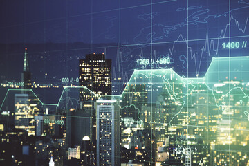 Double exposure of abstract virtual statistics data hologram on San Francisco city skyscrapers background, statistics and analytics concept