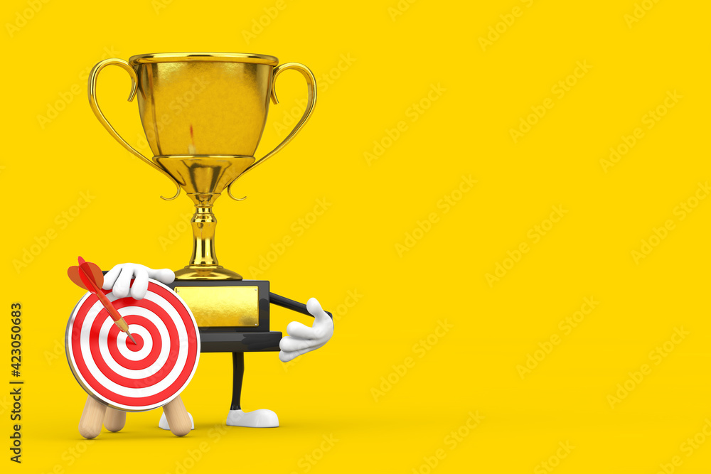 Poster golden award winner trophy mascot person character with archery target and dart in center. 3d render
