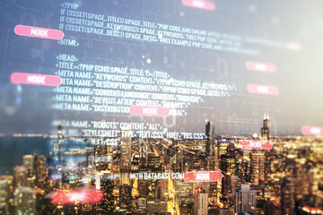 Plakat Multi exposure of abstract programming language hologram on Chicago office buildings background, artificial intelligence and machine learning concept