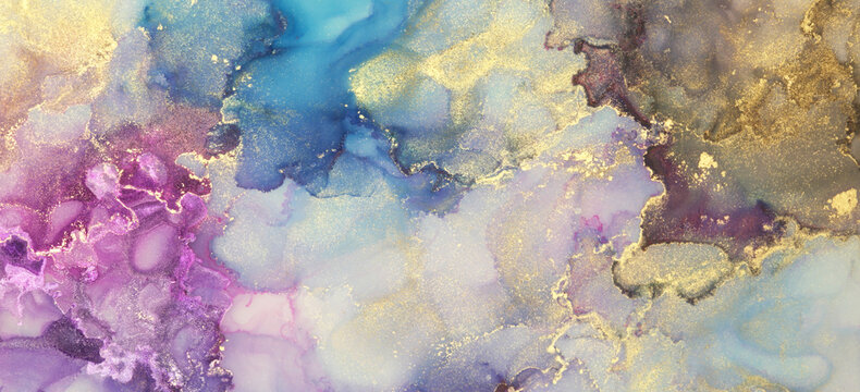 Abstract blue, violet and gold glitter color horizontal long background. Marble texture. Alcohol ink.