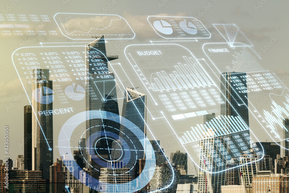 Poster multi exposure of abstract virtual graphic data spreadsheet sketch on manhattan cityscape background