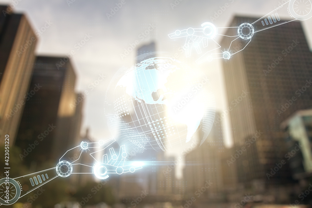Aufkleber abstract virtual robotics technology hologram with globe on modern architecture background, artifici