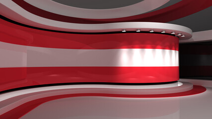 TV studio. Austria. Austrian flag. News studio.  Loop animation. Background for any green screen or chroma key video production. 3d render. 3d