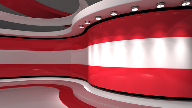 TV studio. Austria. Austrian flag. News studio.  Loop animation. Background for any green screen or chroma key video production. 3d render. 3d