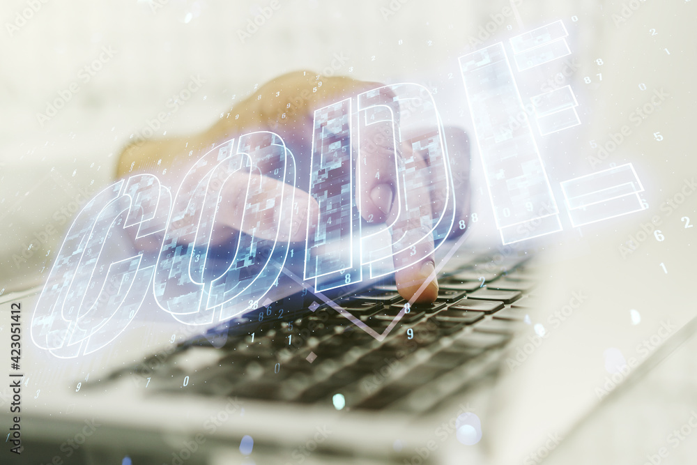 Poster creative code word hologram and hands typing on computer keyboard on background, artificial intellig