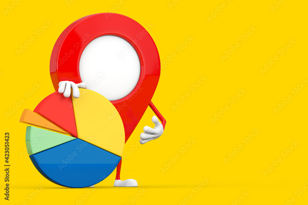 Poster map pointer pin character mascot with info graphics business pie chart. 3d rendering