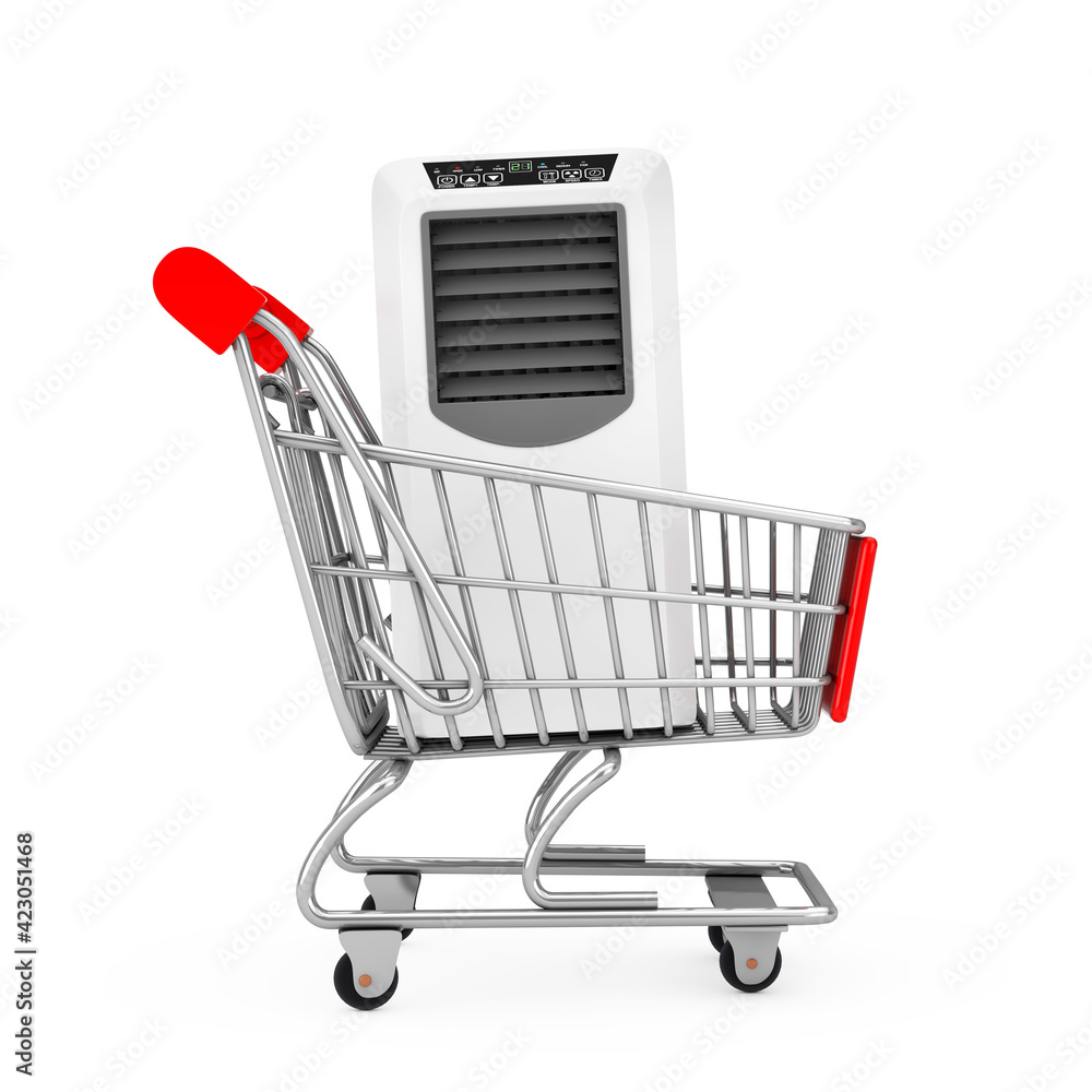 Poster portable mobile room air conditioner in shopping cart trolley. 3d rendering