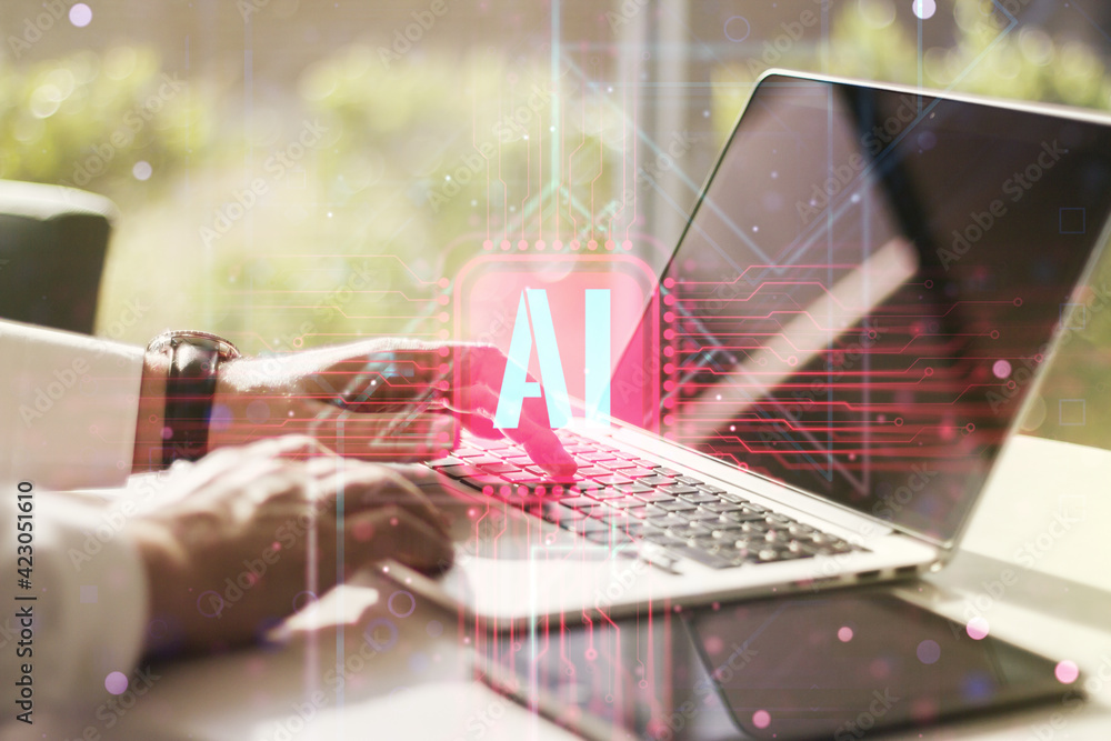 Aufkleber Creative artificial Intelligence symbol concept with hands typing on computer keyboard on background. Double exposure