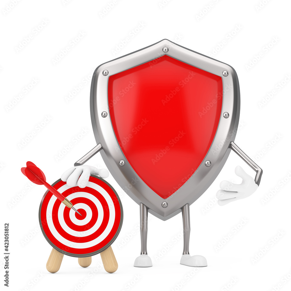Fototapete red metal protection shield mascot character with archery target and dart in center. 3d rendering