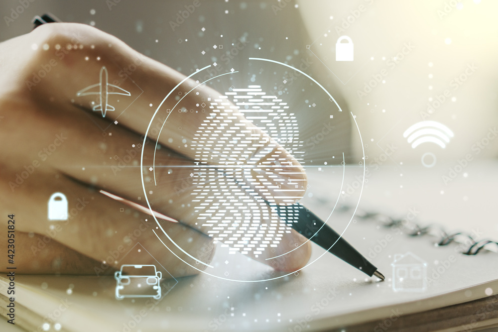 Poster double exposure of abstract creative fingerprint hologram with man hand writing in notepad on backgr