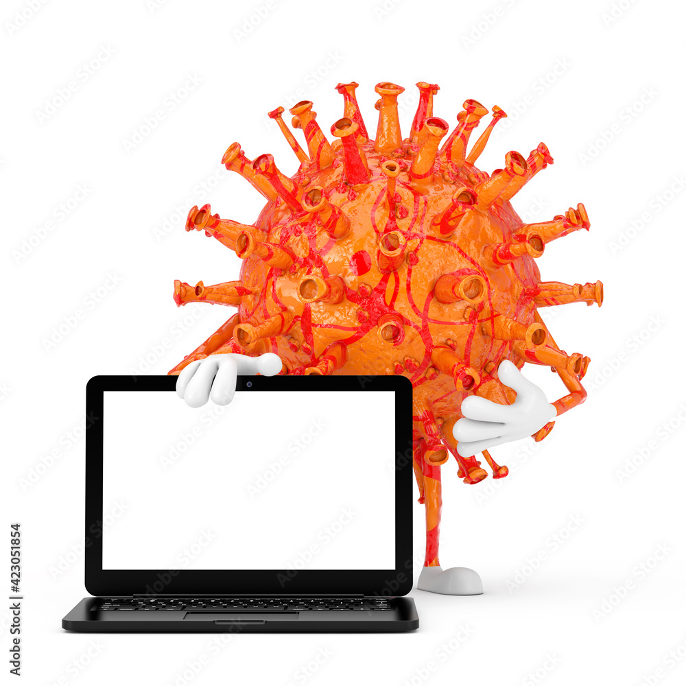 Aufkleber cartoon coronavirus covid-19 virus mascot person character with modern laptop computer notebook and 