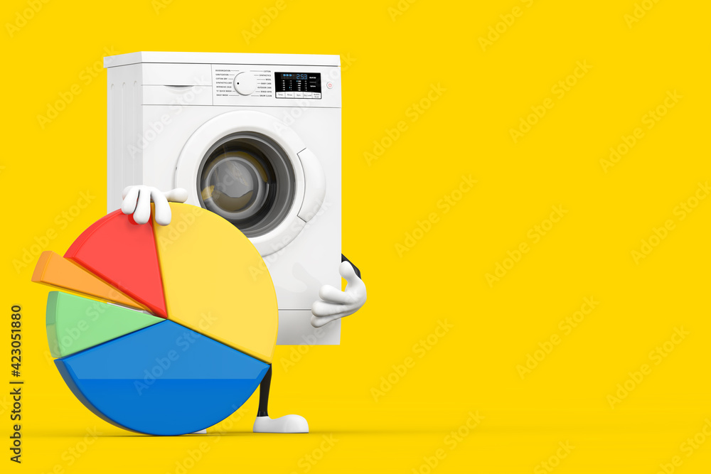 Poster modern white washing machine character mascot with info graphics business pie chart. 3d rendering