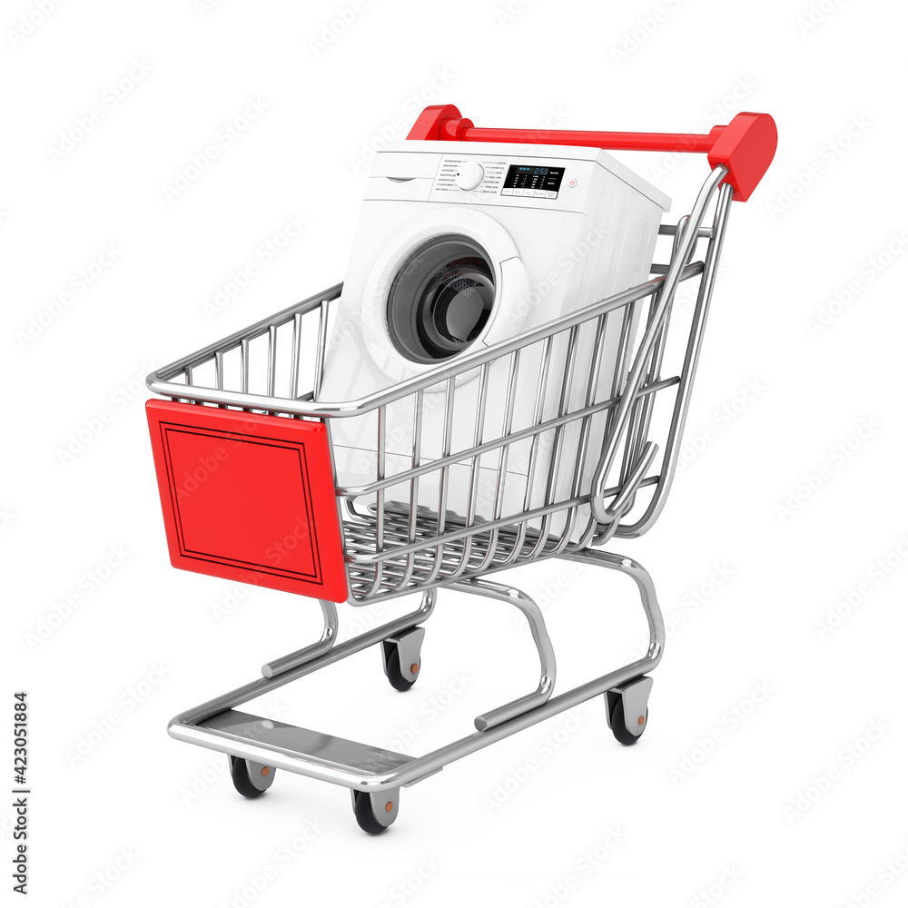 Poster Modern White Washing Machine in Shopping Cart Trolley. 3d Rendering
