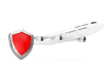 Aircraft Maintenance and Safety Concept. White Jet Passengers Airplane with Red Metal Protection Shield. 3d Rendering