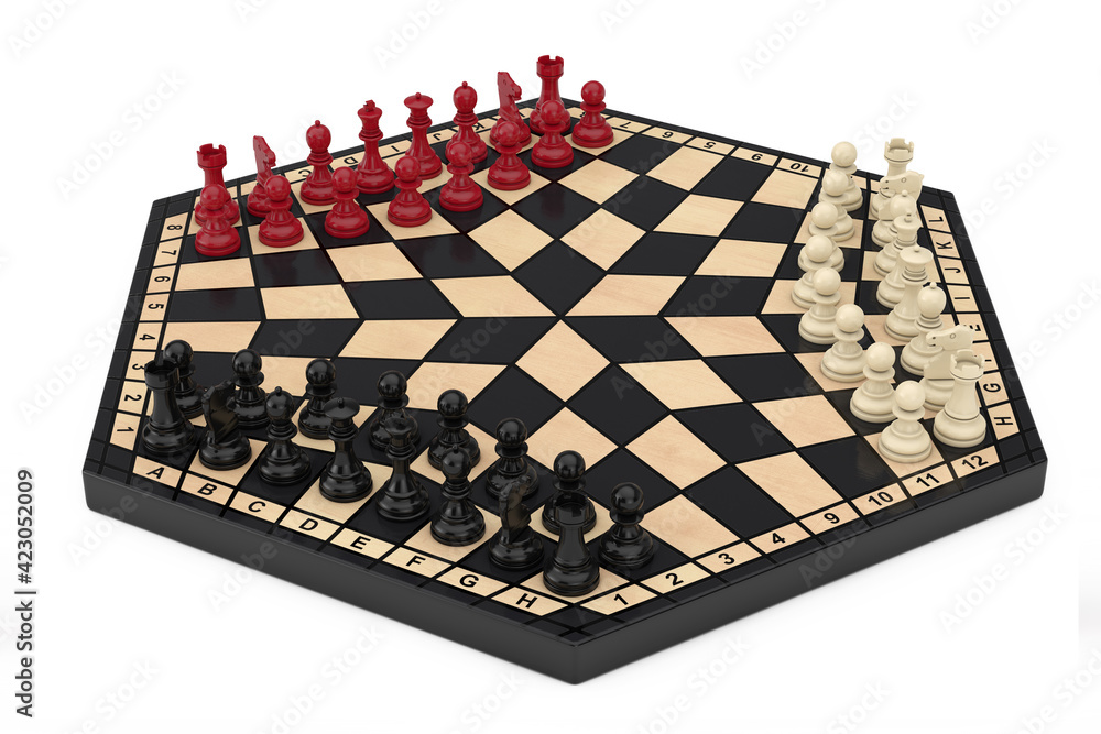 Aufkleber three players hexagonal chessboard with chess. 3d rendering
