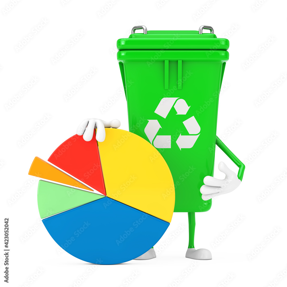 Poster recycle sign green garbage trash bin character mascot with info graphics business pie chart. 3d rend
