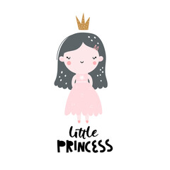 Vector hand-drawn colored childrens illustration with cute girl princess in a pink dress with a crown on a white background. Creative scandinavian kids print with lettering. Little princess.