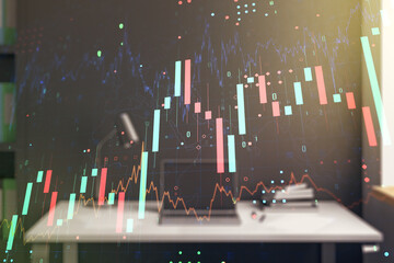 Multi exposure of abstract creative financial graph and modern desktop with computer on background, forex and investment concept
