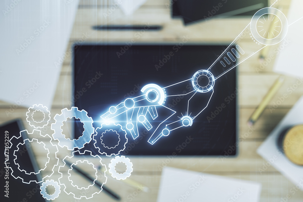 Aufkleber creative concept of robotics technology and modern digital tablet on background, top view. robot dev