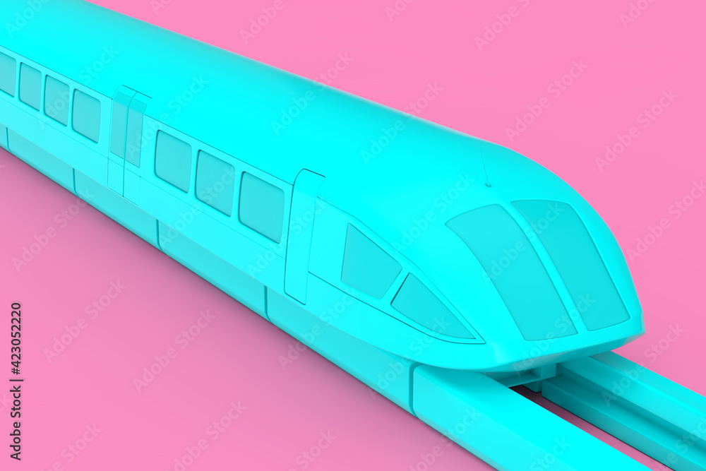 Poster super high speed futuristic commuter blue train in duotone style. 3d rendering