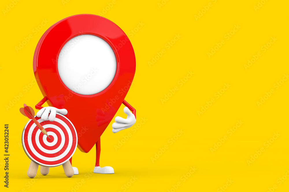 Poster map pointer pin character mascot with archery target with dart in center. 3d rendering
