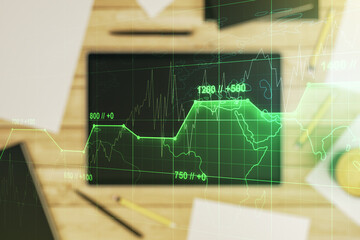 Abstract creative analytics data spreadsheet and modern digital tablet on desktop on background, top view, analytics and analysis concept. Multiexposure