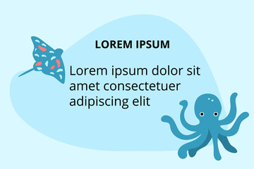 Background for text descriptions with sea animals - rump fish and octopus. Vector template for banners, web, flyers, etc