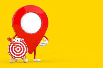 Map Pointer Pin Character Mascot with Archery Target with Dart in Center. 3d Rendering