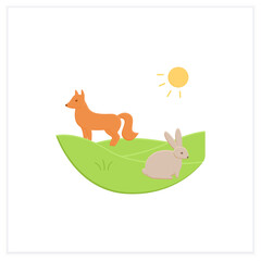 Grasslands flat icon. Fox and rabbit live in grasslands. Hunting. Generally located between deserts and forests. Biodiversity concept. 3d vector illustration