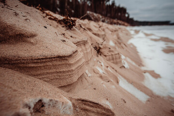 Ice in the Baltic sea. Beautiful landscape of beach at wintertime and early spring