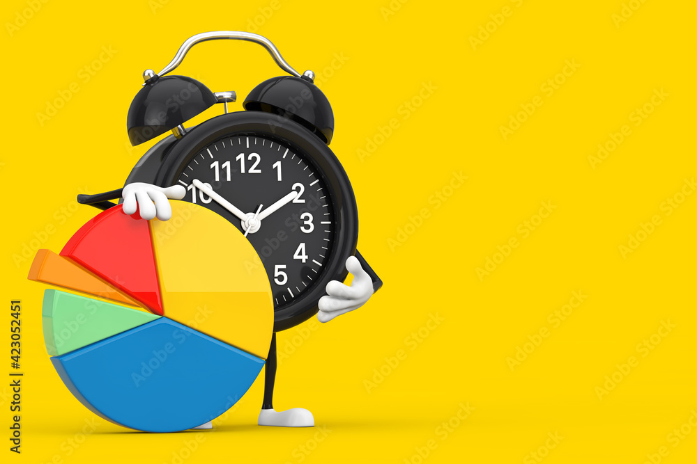 Poster alarm clock character mascot with info graphics business pie chart. 3d rendering