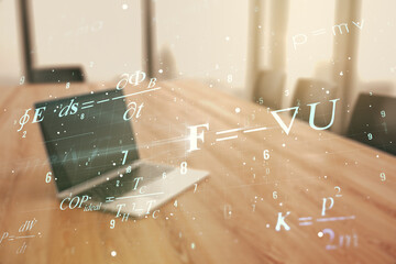 Creative scientific formula illustration on modern computer background, science and research concept. Multiexposure