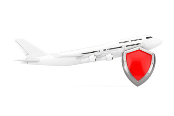 Aircraft Maintenance and Safety Concept. White Jet Passengers Airplane with Red Metal Protection Shield. 3d Rendering - obrazy, fototapety, plakaty