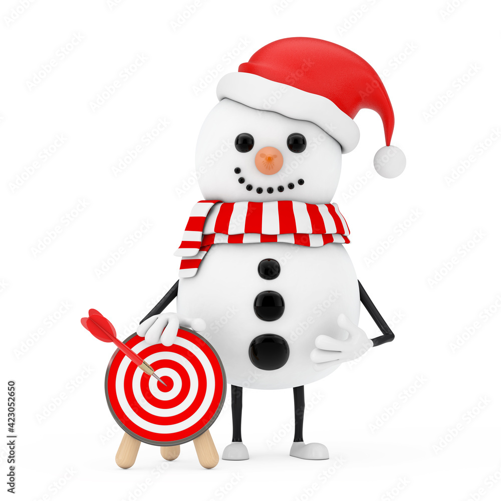 Aufkleber Snowman in Santa Claus Hat Person Character with Archery Target with Dart in Center. 3d Rendering