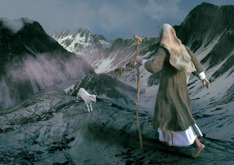 Jesus parable about the runaway sheep. 3d illustration, 3d rendering.