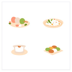 Japanese food flat icons. Spring delicates. Botamochi, almond tofu, chirashizushi and sanshoku. Tradition meal. Vector illustrations