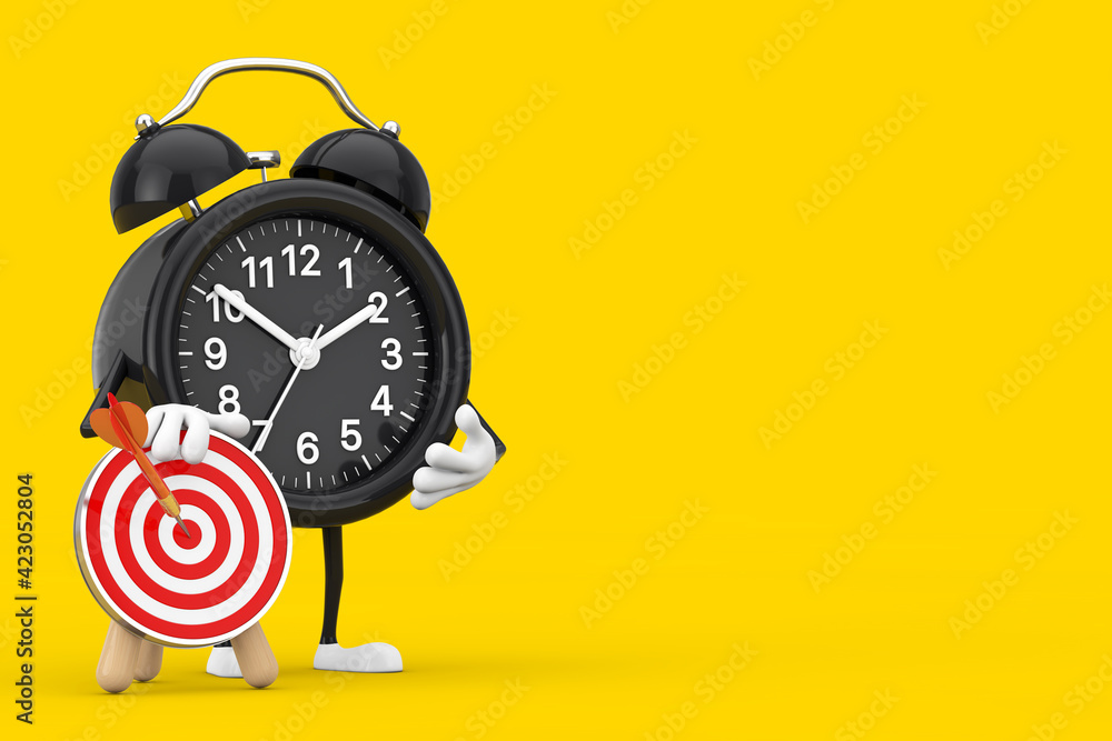 Poster Alarm Clock Mascot Person Character with Archery Target with Dart in Center. 3d Rendering