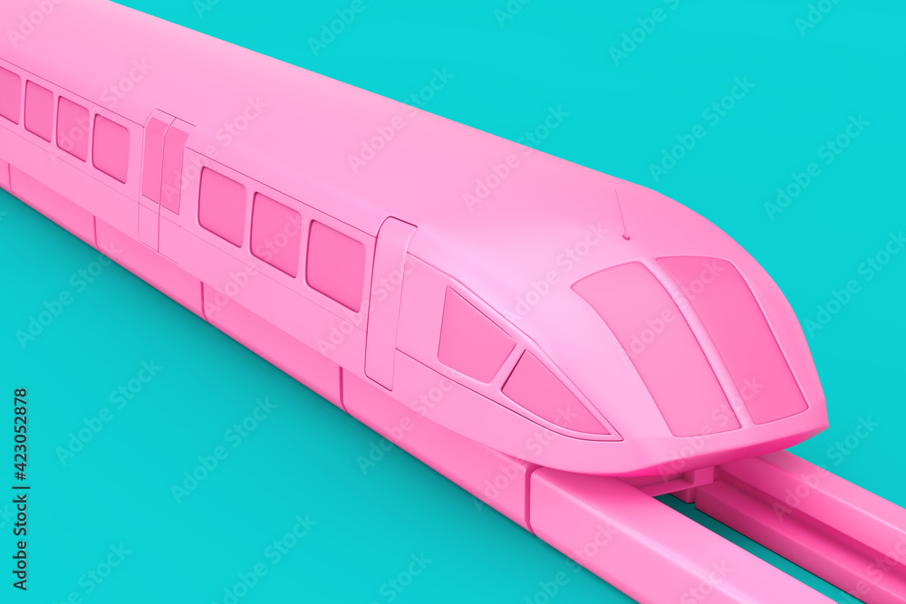 Poster super high speed futuristic commuter pink train in duotone style. 3d rendering