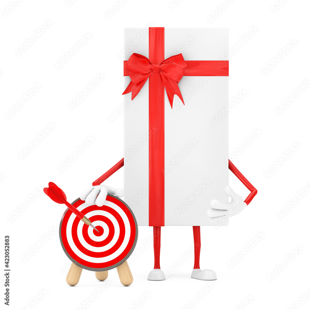 Poster white gift box and red ribbon character mascot with archery target with dart in center. 3d rendering
