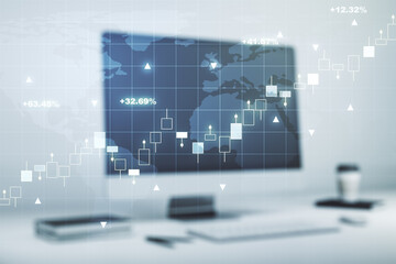 Multi exposure of abstract creative financial graph with world map on modern laptop background, forex and investment concept