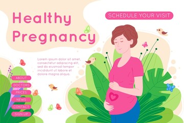 Pregnancy, motherhood concept banner. Pregnant and happy beautiful young woman holds her belly, which depicts a heart as a symbol of a baby in the womb. Flat cartoon vector illustration. 