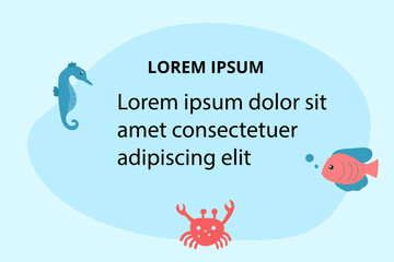 Background for text descriptions with sea animals - seahorse, crab and fishes. Vector template for banners, web, flyers, etc