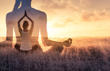 Wound meditating doing yoga at sunset. Body mind and spirit concept. 