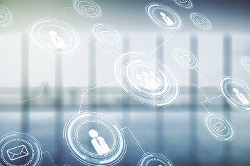 Abstract virtual social network concept on empty corporate office background. Multiexposure