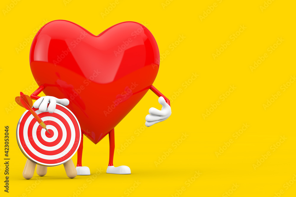 Fototapete red heart mascot character with archery target and dart in center. 3d rendering