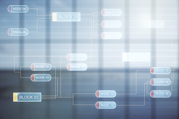 Multi exposure of abstract creative coding sketch on empty corporate office background, artificial intelligence and neural networks concept