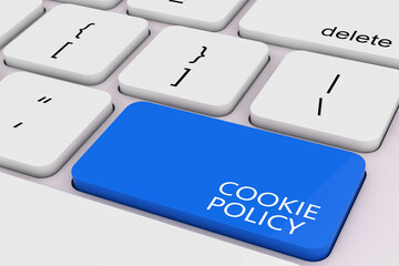 Blue Cookie Policy Key on White PC Keyboard. 3d Rendering