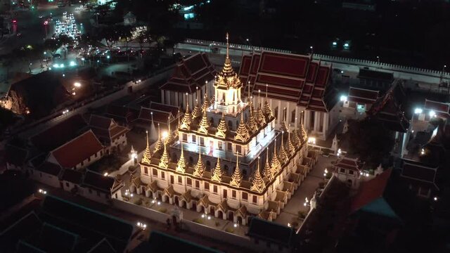 Aerial view of Loha Prasat temple in Bangkok old town in Thailand. High quality 4k footage